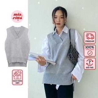 Áo len cao cấp xám cổ V áo gile len oversize  xẻ bên Mia RItta A1996
