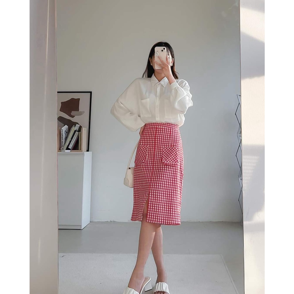 Chân váy Nờ Pê Nờ caro trắng đỏ