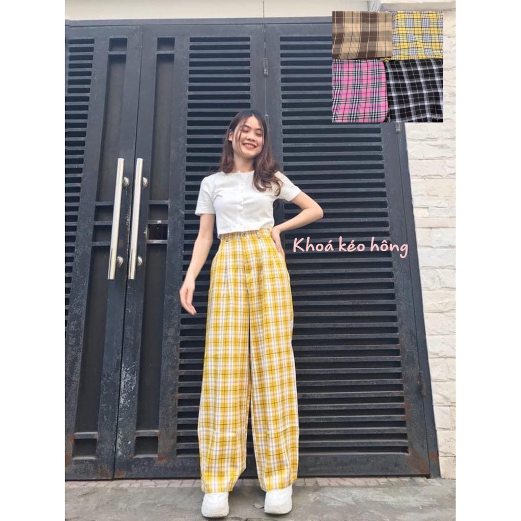 Quần Suông caro Nữ ulzzang (có ảnh thật)- Quần culottes kẻ caro HOT TREND (khóa kéo hông)