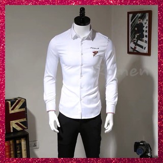 ÁO SƠ MI CẶP ĐÔI NAM NỮ TRẮNG ĐEN THÊU HÌNH LÔNG CÔNG