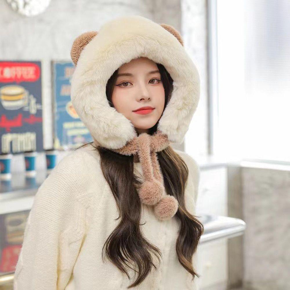 Mũ Trùm Đầu Giữ Ấm Tai Gấu Bông Mềm Mại Chống Gió Mùa Đông Cho Nữ