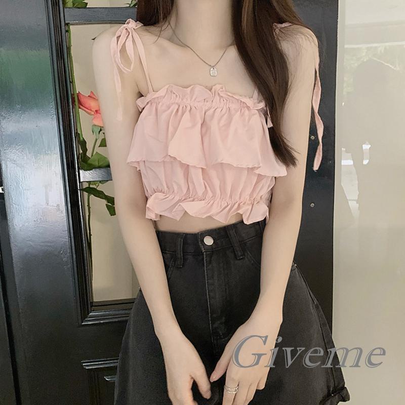 Áo Croptop Hai Dây Nhún Bèo Màu Trơn Thời Trang Mùa Hè Cho Nữ