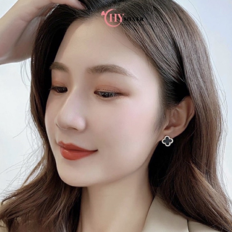 Bông tai bạc ta 4 lá đen viền nạm đá sang chảnh hoa tai nữ