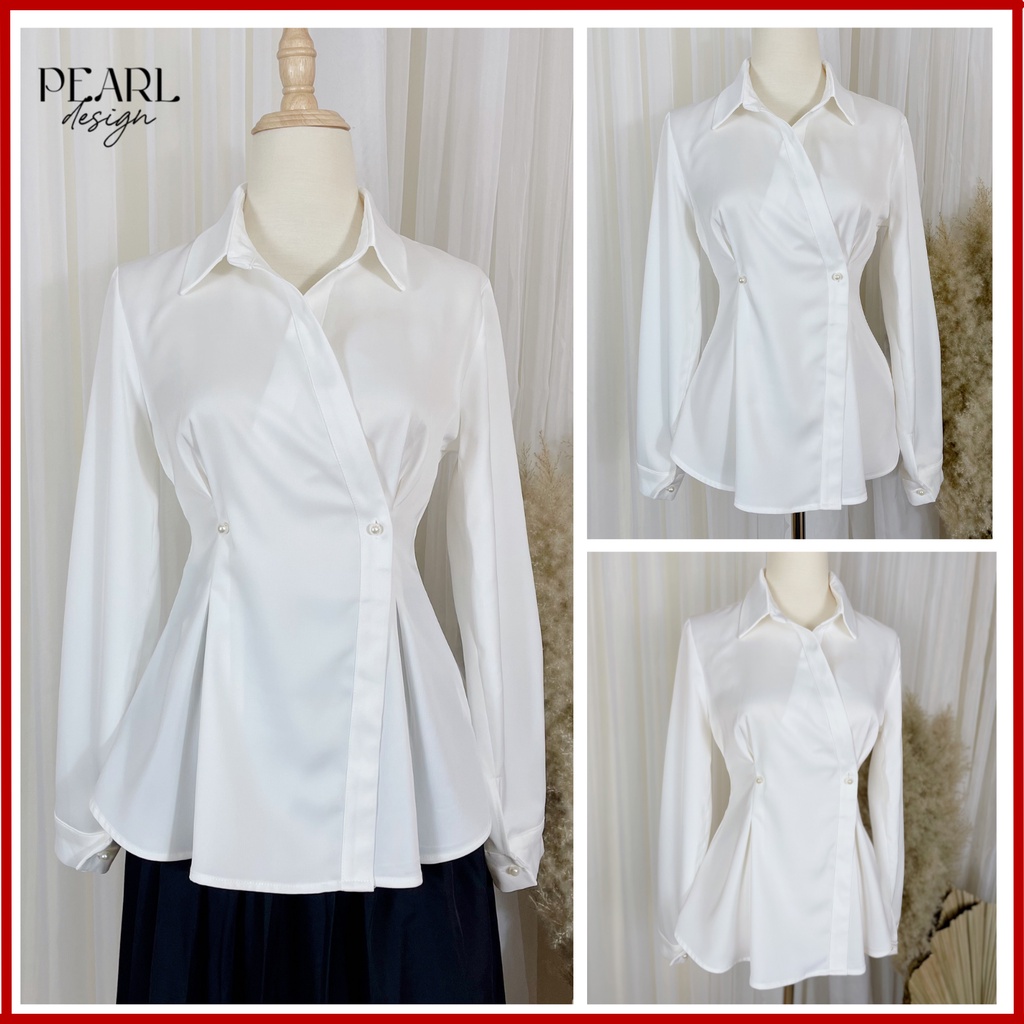 Áo sơ mi trắng áo công sở nữ chiết eo lụa nơ cổ xinh cao cấp không nhăn hàng thiết kế Pearl Design 122101