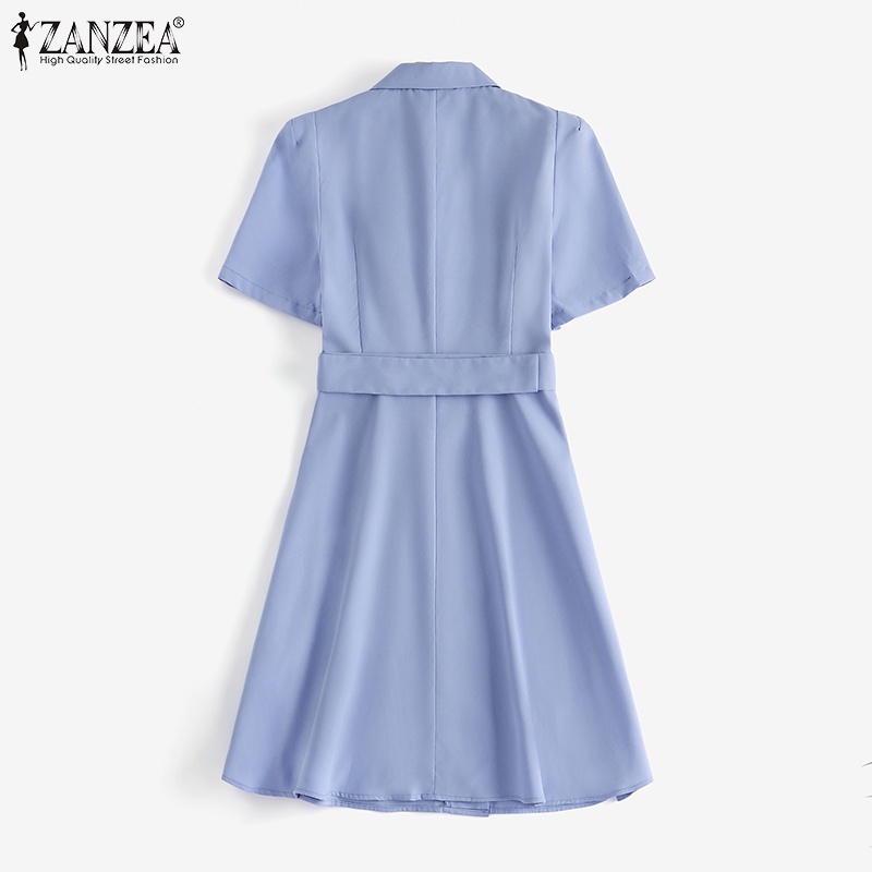 Đầm ZANZEA dáng chữ A tay ngắn có dây thắt lưng phong cách Hàn Quốc thời trang dành cho nữ