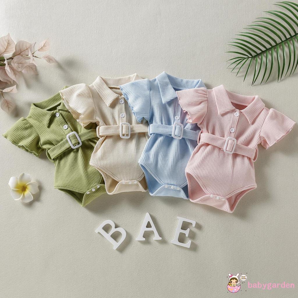 Bộ Áo Liền Quần Cổ Bẻ Màu Trơn Kèm Thắt Lưng Thời Trang Mùa Hè Cho Bé Gái 0-24 Tháng Tuổi