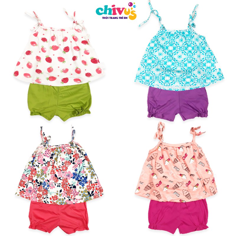 Bộ 2 dây bé gái áo cotton kèm quần trơn nhiều màu sắc CHIVU's KID áo dây cho bé gái 1 2 3 4 5 tuổi