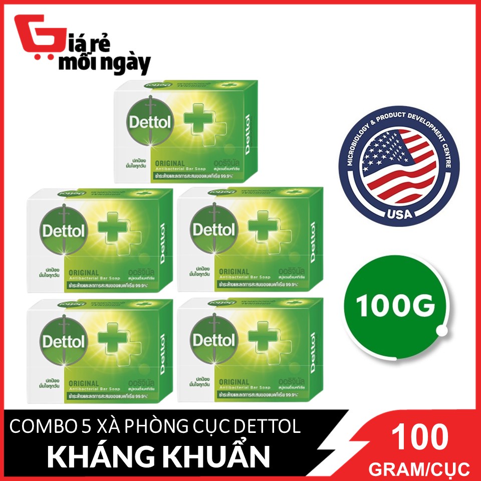 Combo 5 bánh Xà bông cục Dettol Kháng khuẩn (Xanh) 100g x5