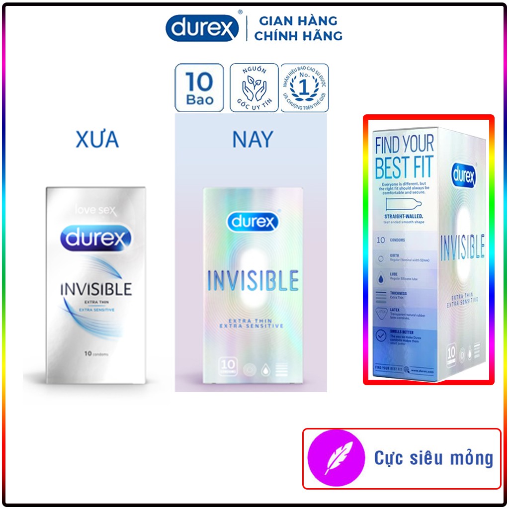 Bao cao su durex invisible 10 bao / hộp. Combo 2 hộp bao cao su siêu mỏng.