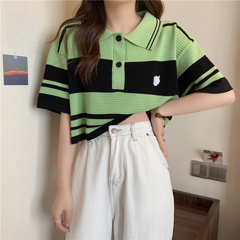 áo croptop Áo polo Dệt Kim Ngắn Tay Họa Tiết Kẻ Sọc Thời Trang Cho Nữ JL-TX-172