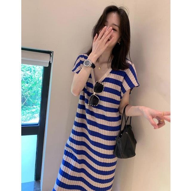 Jiashucheng Đầm Dài Cổ Chữ V Họa Tiết Kẻ Sọc Phong Cách Hoàng Gia Pháp Thời Trang Cho Nữ