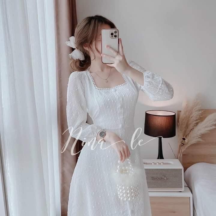 Váy Midi Trắng Cổ Vuông Tay Phồng Dáng Dài Lona Store