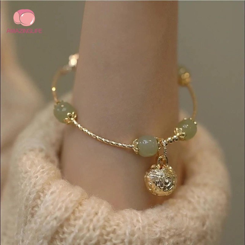 Vòng Tay Hạt Đá Ngọc Bích Nhân Tạo Phong Cách Trung Hoa / Mặt Dây Hình Chuông May Mắn Dễ Phối Đồ Dành Cho Nữ