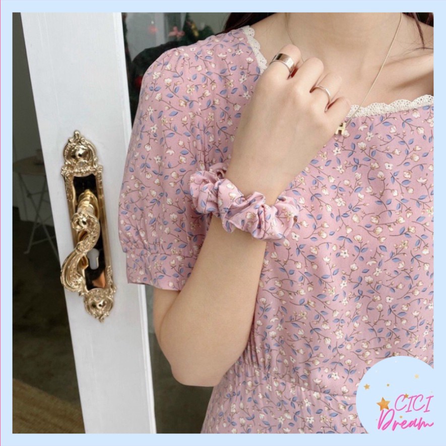 Đầm - váy hoa nhí cổ vuông phối ren tay ngắn kèm chun babydoll, Đầm - váy hoa nhí cổ vuông cộc tay vintage đi biển