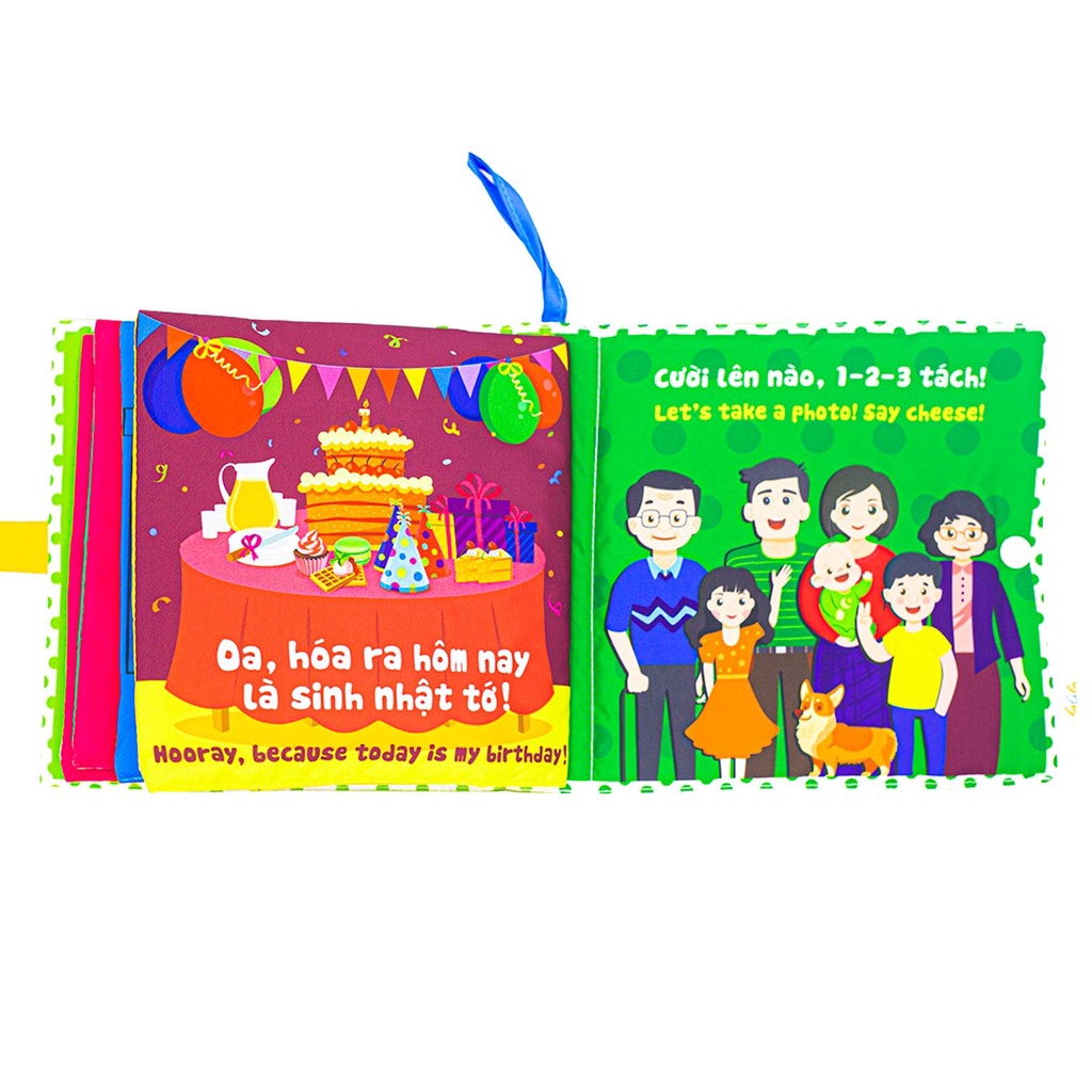 Sách vải Lalala Baby song ngữ đa tương tác Nhà tớ có những ai? - Who's is my family? kích thước 18x18cm 12 trang lật mở