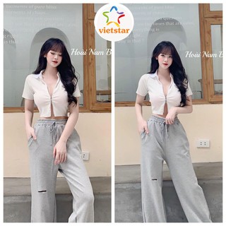 Set áo croptop ôm khóa 2 đầu và quần ống rộng rách gối chân dài - VIETSTAR