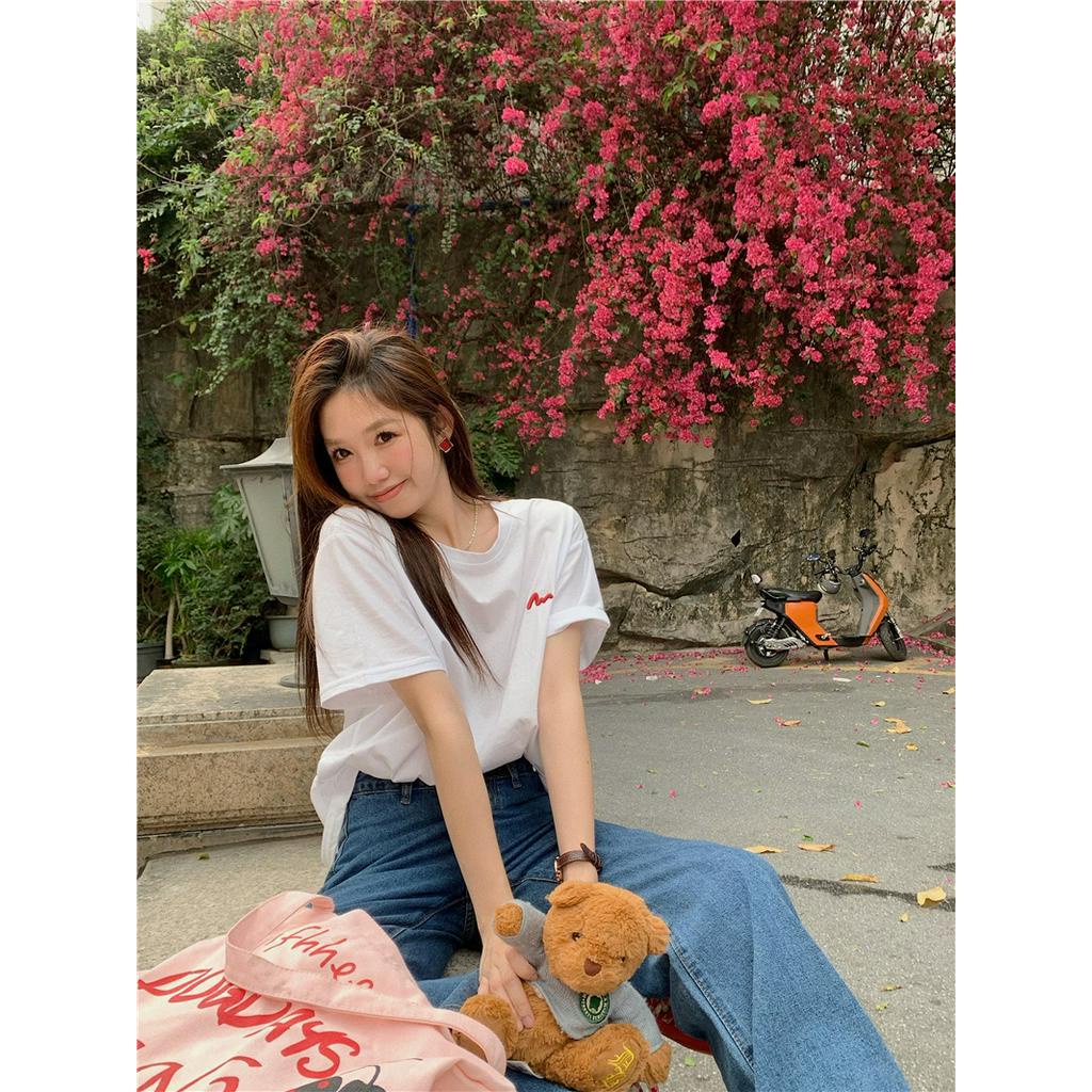 Áo Thun Cotton Trơn Ngắn Tay Dáng Rộng Thêu Họa Tiết Đơn Giản 62793