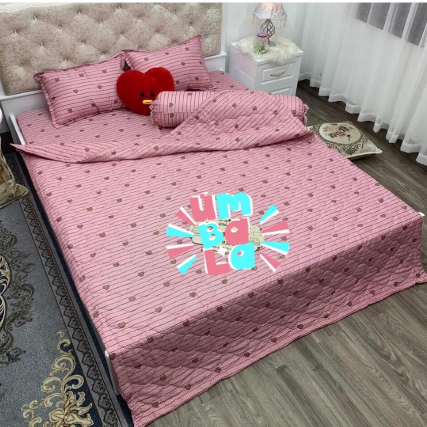 Bộ ra trải giường 1m6 1m8 x 2m tim hồng⚡️1 drap nệm kèm 2 vỏ gối nằm 45 x 65 cm- CAISHOPQUEN
