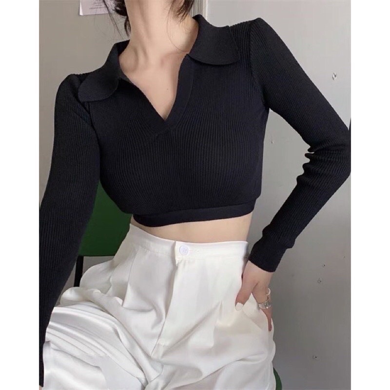 Áo CropTop Cổ Bẻ Tay Dài( Kèm ảnh thật )