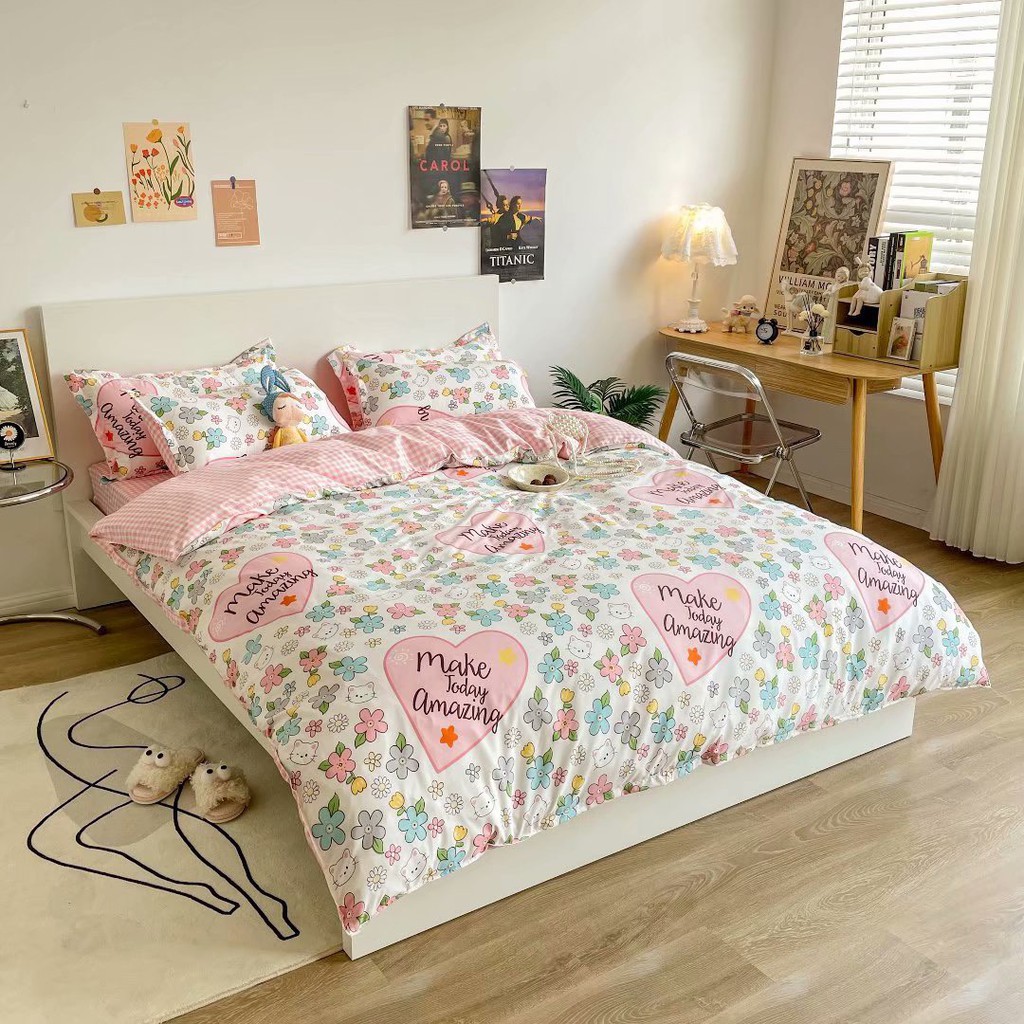 Bộ chăn ga gối Cotton Poly 4 món - Hoa chữ ( Không kèm ruột )