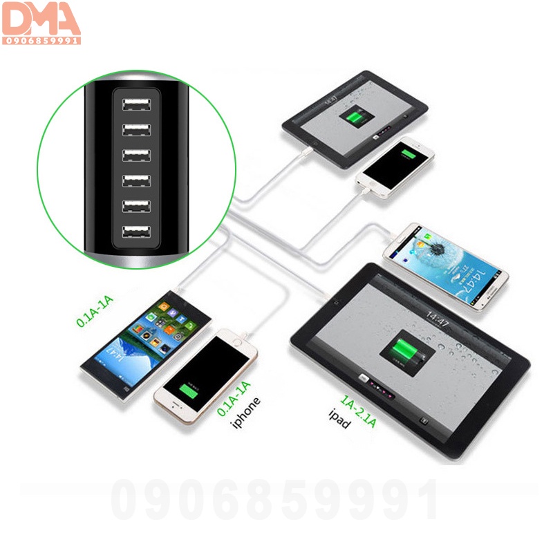 Bộ ổ cắm sạc,dock sạc ổ cắm điện usb 6 socket thiết kế đứng