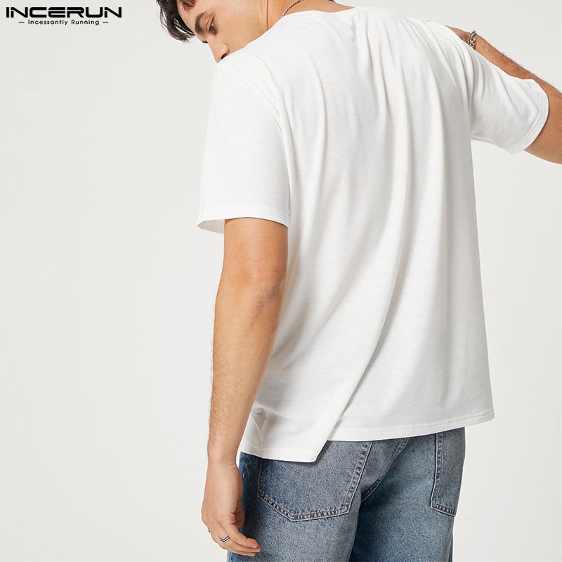 INCERUN Áo Thun Tay Ngắn Cổ Tròn Màu Trắng Thiết Kế Đơn Giản Thời Trang Dành Cho Nam