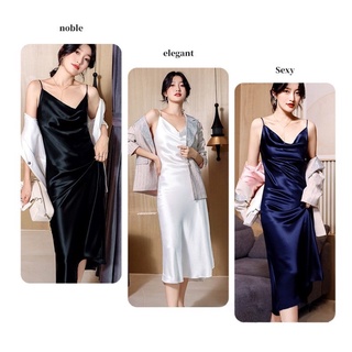 Đầm hai dây lụa cổ đổ dáng suông dài cao cấp
