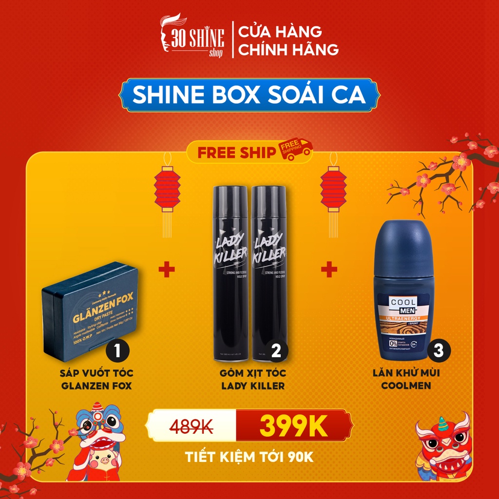 Combo Shine Box Soái ca Sáp vuốt tóc Glanzen Fox, Gôm giữ nếp tóc Lady Killer, Lăn khử mùi Coolmen