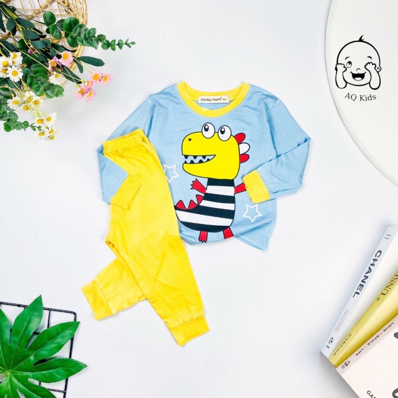 NT029 Bộ dài tay thun lạnh Minky Mom in hình thú phối viền cho bé trai, bé gái