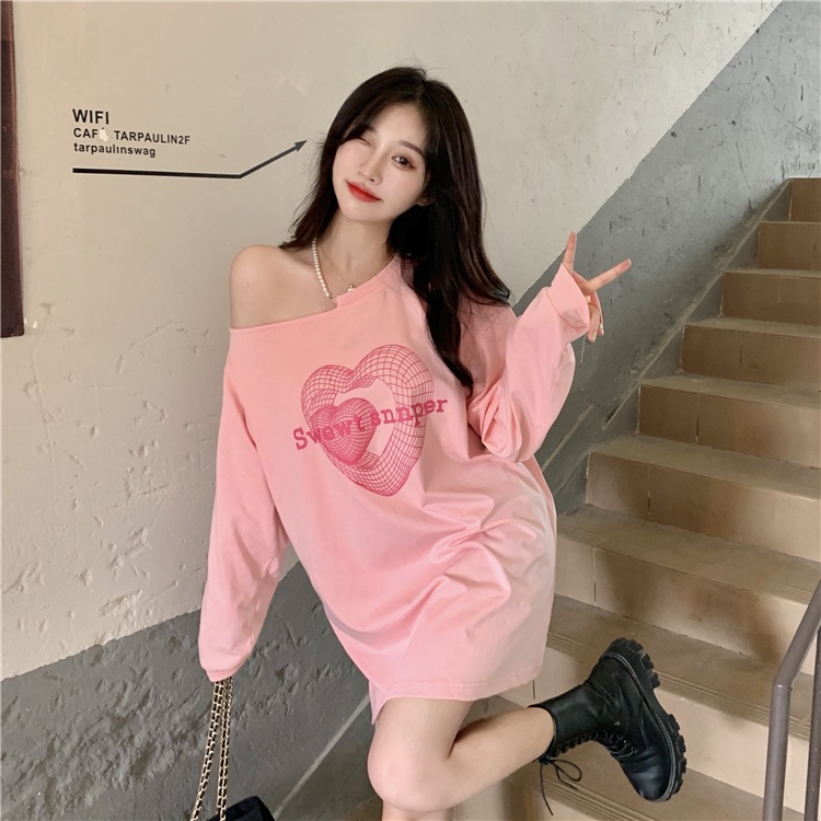 Áo thun dài tay trễ vai in họa tiết phong cách Hàn Quốc thời trang dành cho nữ | BigBuy360 - bigbuy360.vn