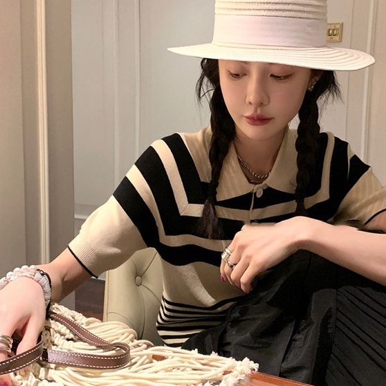 Áo Thun POLO Dệt Kim Ngắn Tay Họa Tiết Kẻ Sọc Thời Trang