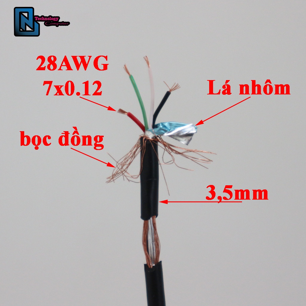 5 Mét Dây Cáp Dữ Liệu 4 Lõi Chuẩn 28AWG Chất Liệu PVC Đường Kính Dây 3,5MM 3,6MM