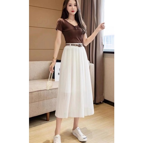 CHÂN VÁY MIDI XẾP LY KÈM ĐAI CHẤT VOAN ĐẸP DỊU DÀNG MS15622