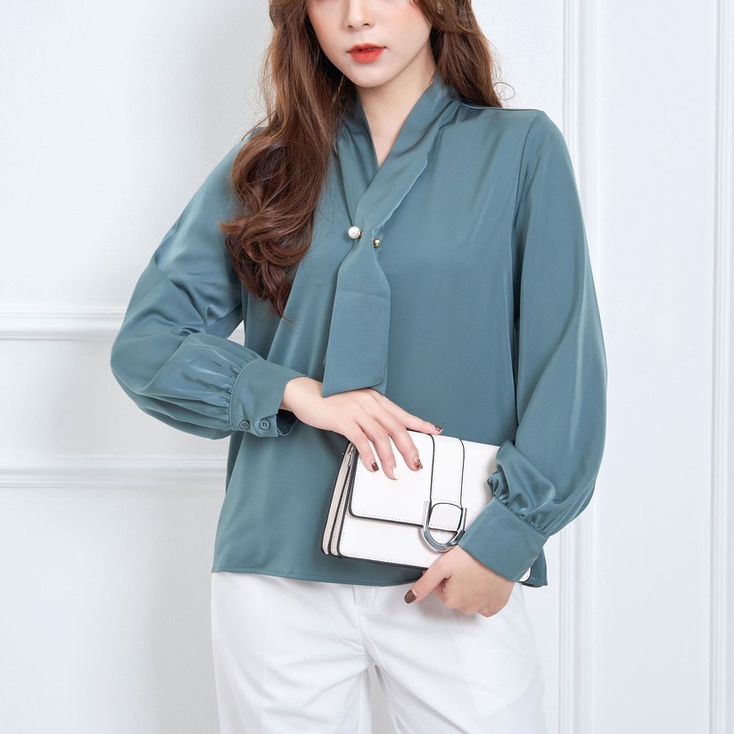 Áo sơ mi dài tay nơ cổ , áo lụa công sở nữ phong cách Hàn form rộng, cao cấp màu Trắng Đen MISS CLOTHINGS SM-04 | BigBuy360 - bigbuy360.vn