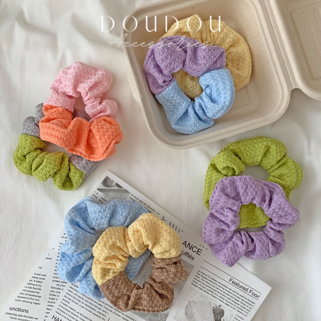 Dây buộc tóc Scrunchies DOUDOU Dây cột tóc nữ vải nhún mềm mịn họa tiết màu sắc xinh xắn thời trang FQ010