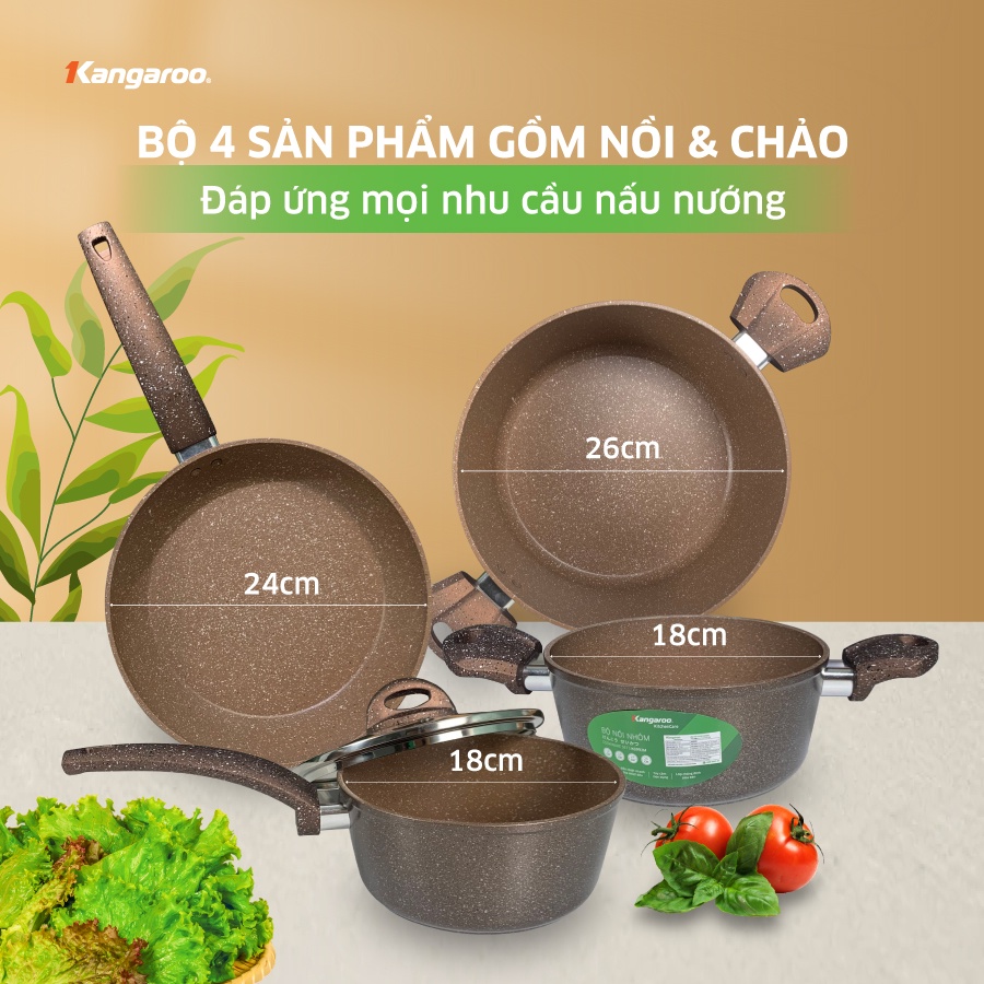 ộ nồi kèm chảo 4 món nhôm vung kính đáy từ Kangaroo KG992M