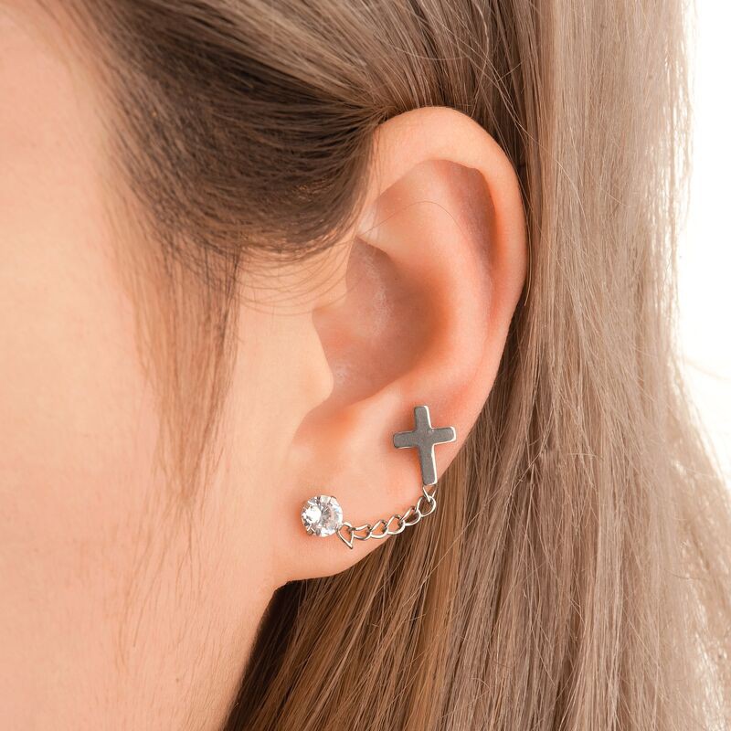 Khuyên tai xích Round Cross Chain Stud