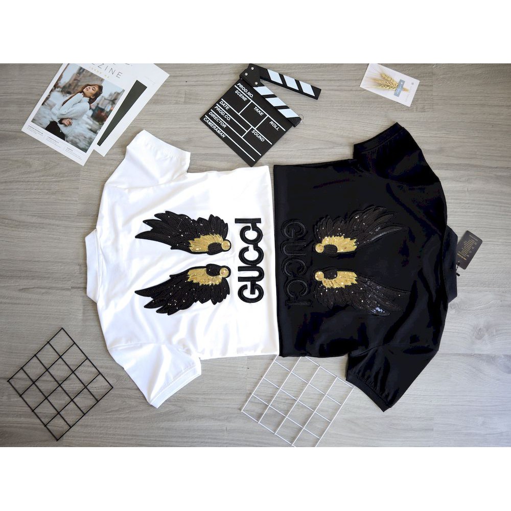 Áo thun nam polo ngắn tay cổ trụ đính đá kim sa GUCCI WINGS, Áo cotton 100% cao cấp