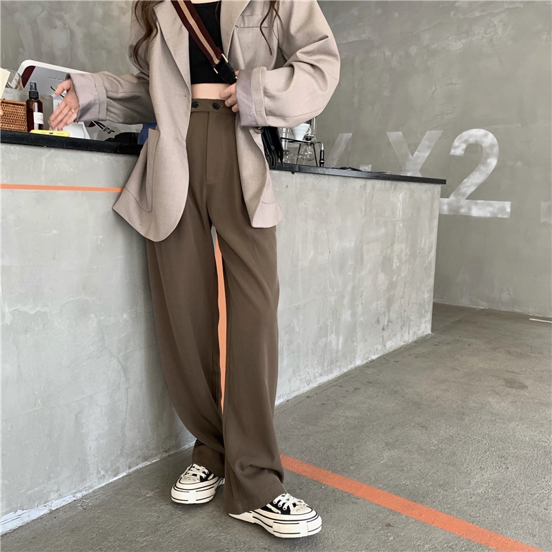 SUXI Quần Dài Lưng Cao Ống Rộng Phong Cách Vintage Hàn Quốc