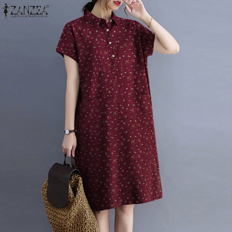 Đầm midi ZANZEA dáng rộng tay ngắn cổ bẻ phong cách cổ điển hợp thời trang | BigBuy360 - bigbuy360.vn