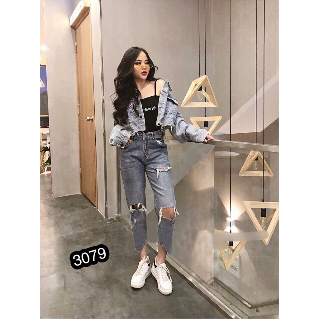 Quần Jeans Nữ Rách Gối Cao Cấp OHS3079