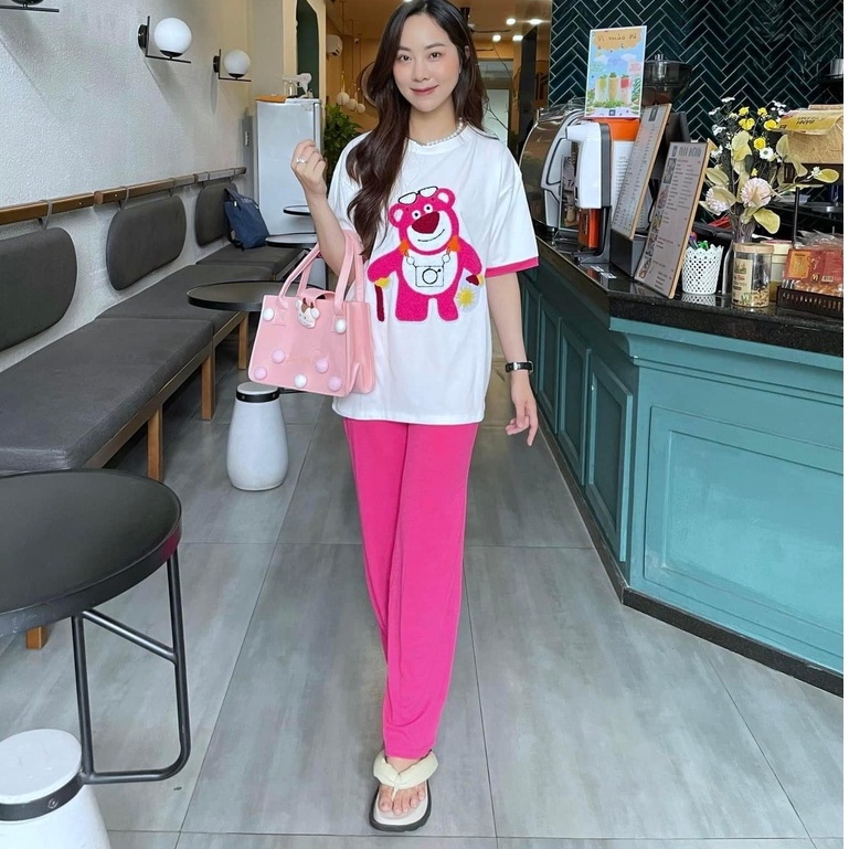 Đồ bộ nữ, set đồ bộ quần ống rộng đai cao thun gân tăm và áo thun cotton ngắn tay form rộng thêu gấu, đồ mặc ở nhà nữ