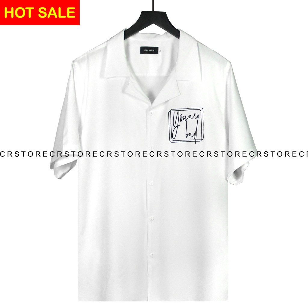 Áo Sơ Mi Tay Lỡ Cổ Vest CR MEN Trắng Đen "You are bad"  unisex nam nữ trơn vải lụa mềm SMNT626
