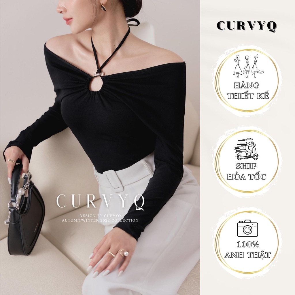 Áo Thun Dài Tay Hở Trễ Vai Buộc Dây Khoen Kim Loại Mặc Hai Kiểu Thời Trang Thiết Kế Nữ Curvyq