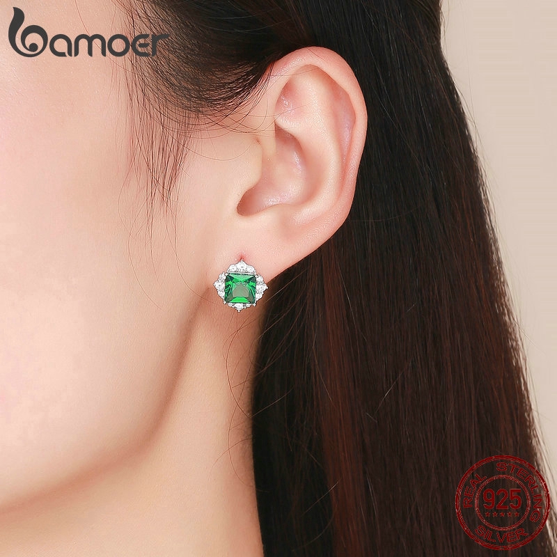 Bông Tai Bamoer Bằng Bạc 925 Hình Vuông Đính Đá Zircon SCE540