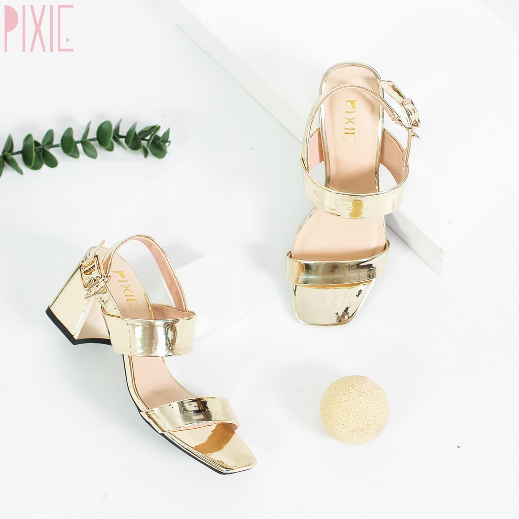  Giày Sandal Cao Gót 5cm Đế Vuông Ốp Đồng Quai Ngang Màu Đen Pixie X462