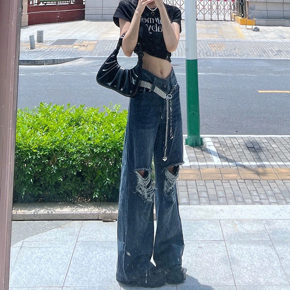 Jiashucheng Quần Jean Dài Lưng Cao Ống Rộng Phối Rách Thời Trang Mùa Xuân Cho Nữ