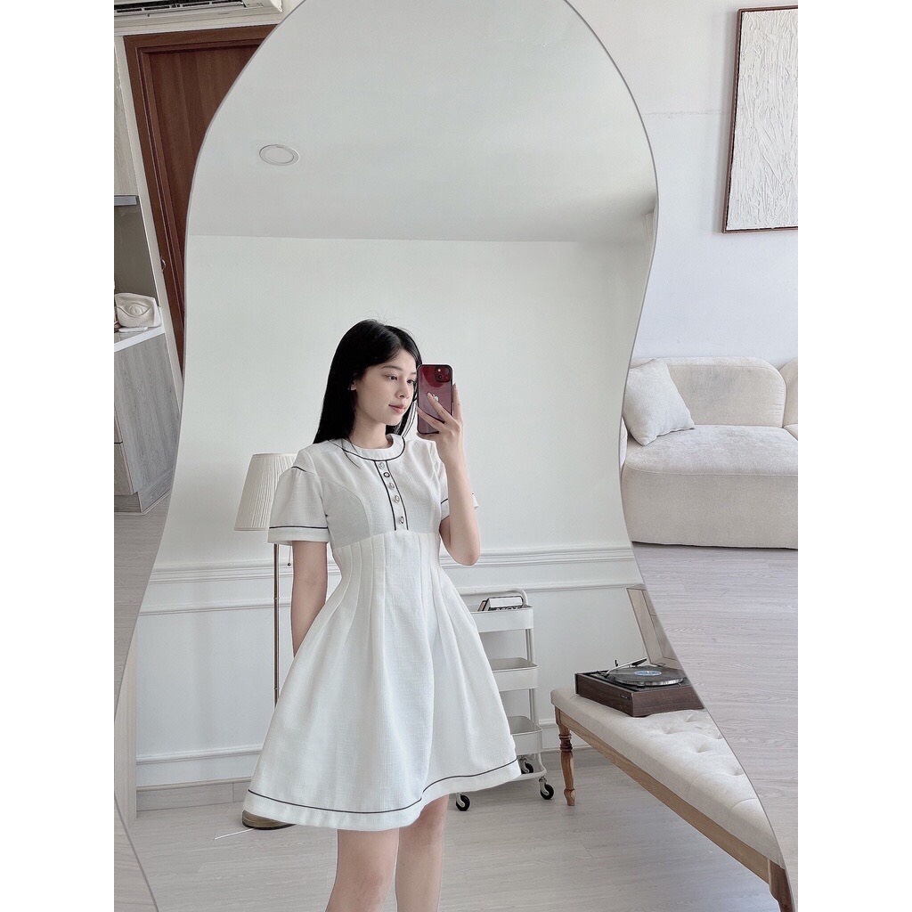 Váy Đầm Trắng Tay Phồng Phối Viền Đen Chiết Eo Thanh Lịch Cao Cấp Genze.Official 1156