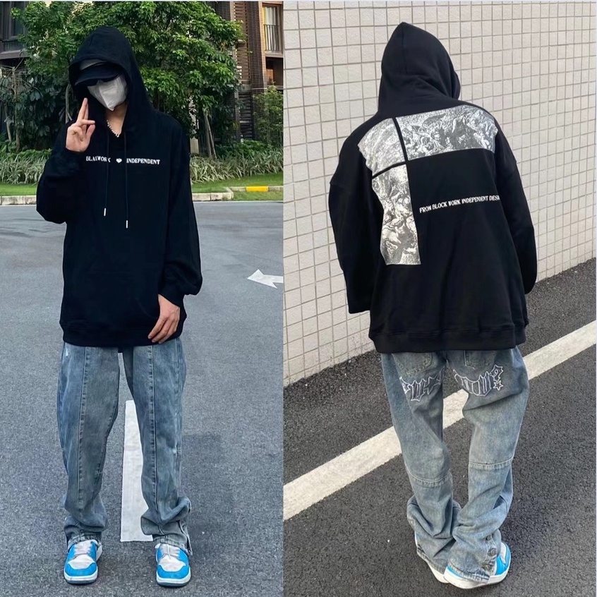 Quần jean ống rộng xẻ tà thêu chữ phong cách hip hop đường phố size M-3XL cho nam và nữ