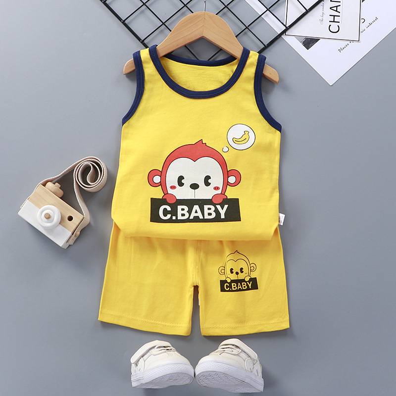 1-6 tuổi trẻ em ngắn tay phù hợp với bé trai mùa hè cotton hoạt hình vest tay ngắn + quần short 2 mảnh